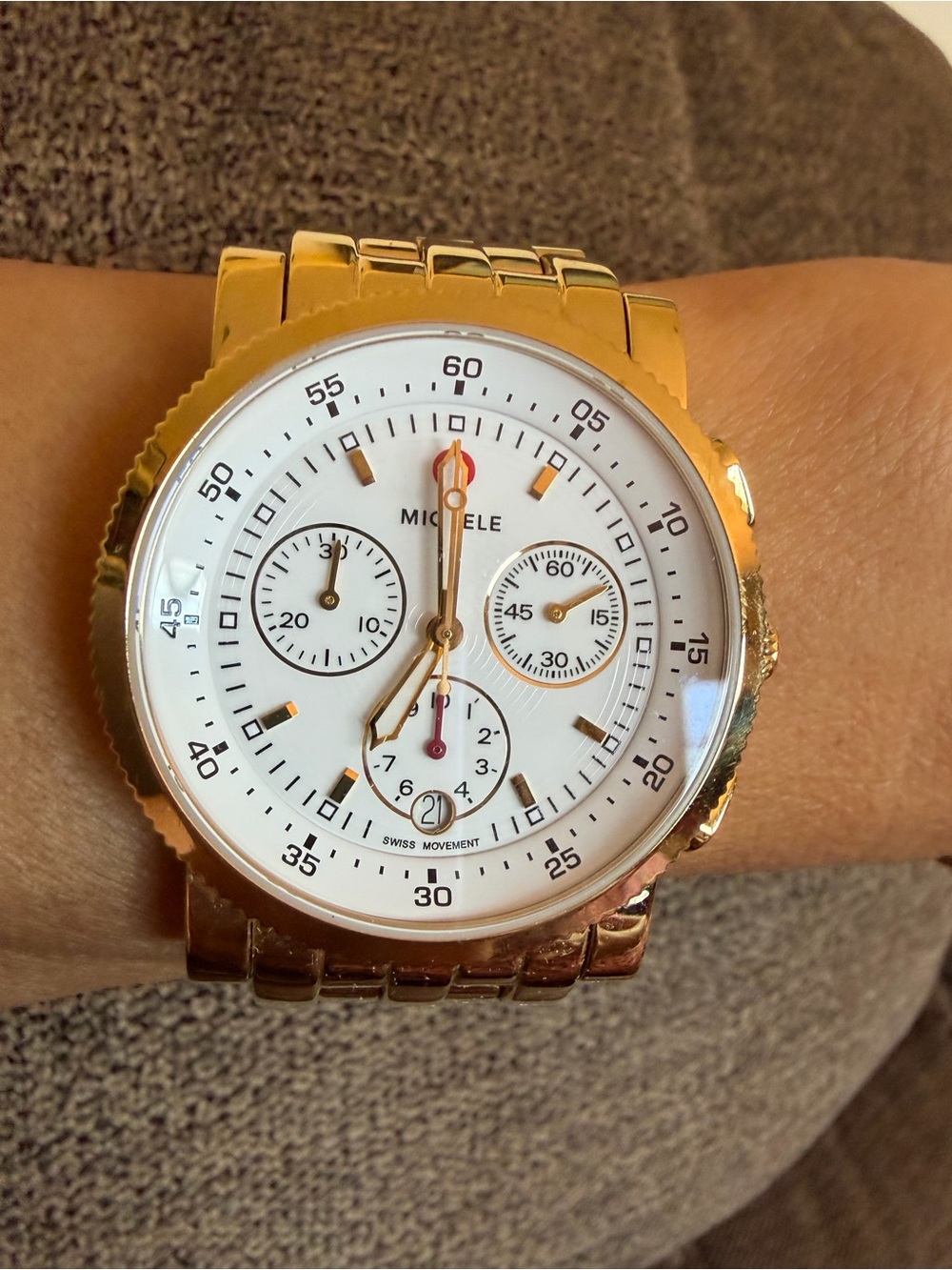 MICHELE Gold-Tone Swiss Chronograph Watch – White Dial – 37mm – 6” Bracelet